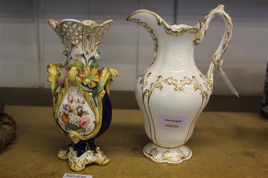 Large Coalport ewer, Rococo revival period, c.1850 & Coalport flower encrusted vase(-)